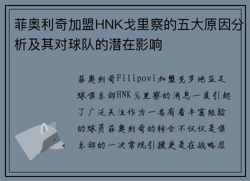 菲奥利奇加盟HNK戈里察的五大原因分析及其对球队的潜在影响