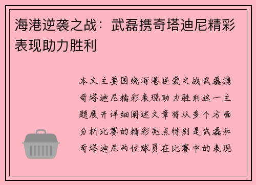 海港逆袭之战：武磊携奇塔迪尼精彩表现助力胜利